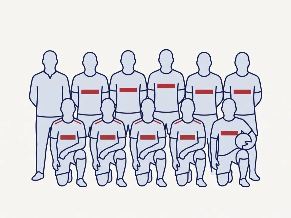 Gezeichnete Mannschaftsaufstellung als Platzhalter – ein echtes Teamfoto folgt